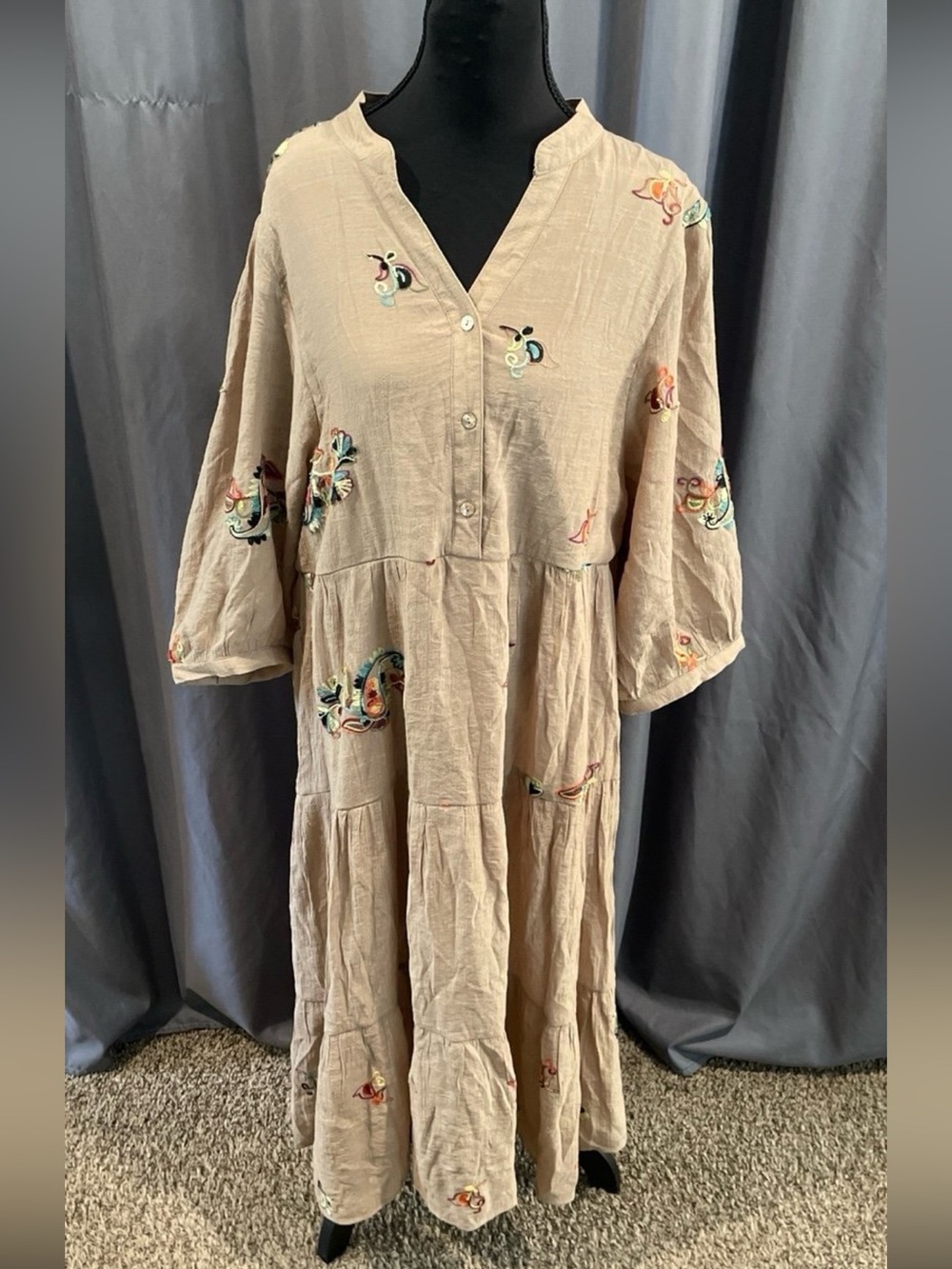 vegan flour, Boho style embroidered tiered, midi dress XL